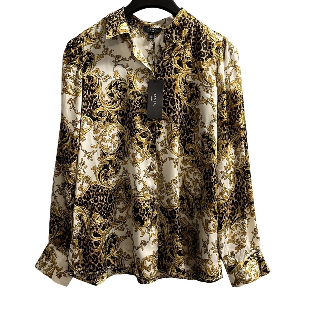 Haver London Top Satin Gold Black Scroll Animal Print Button Up L Blouse Artsy